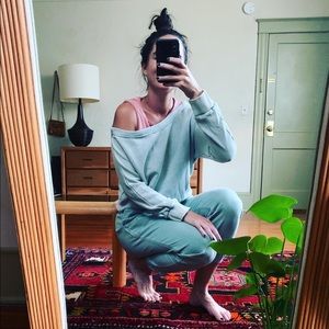 Green slouchy, off-the-shoulder sweater